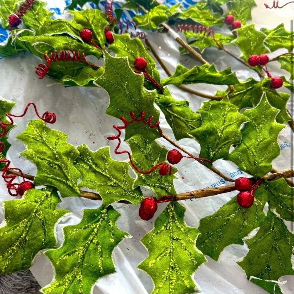 Festive Green and Red Holly Stems